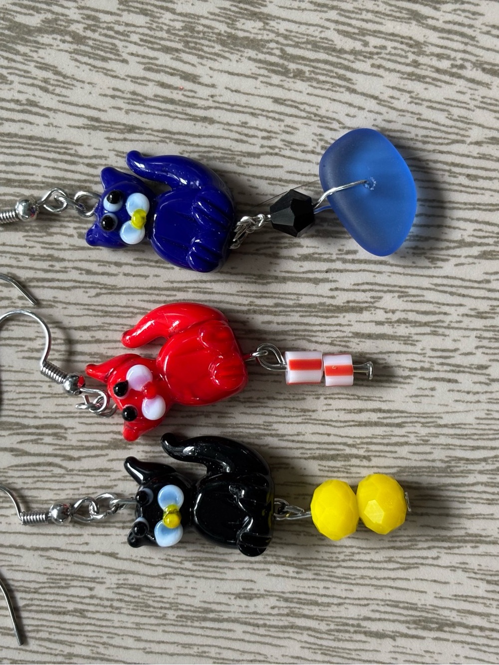 Hand Crafted Blue, Red, Black Cat Earrings Set
